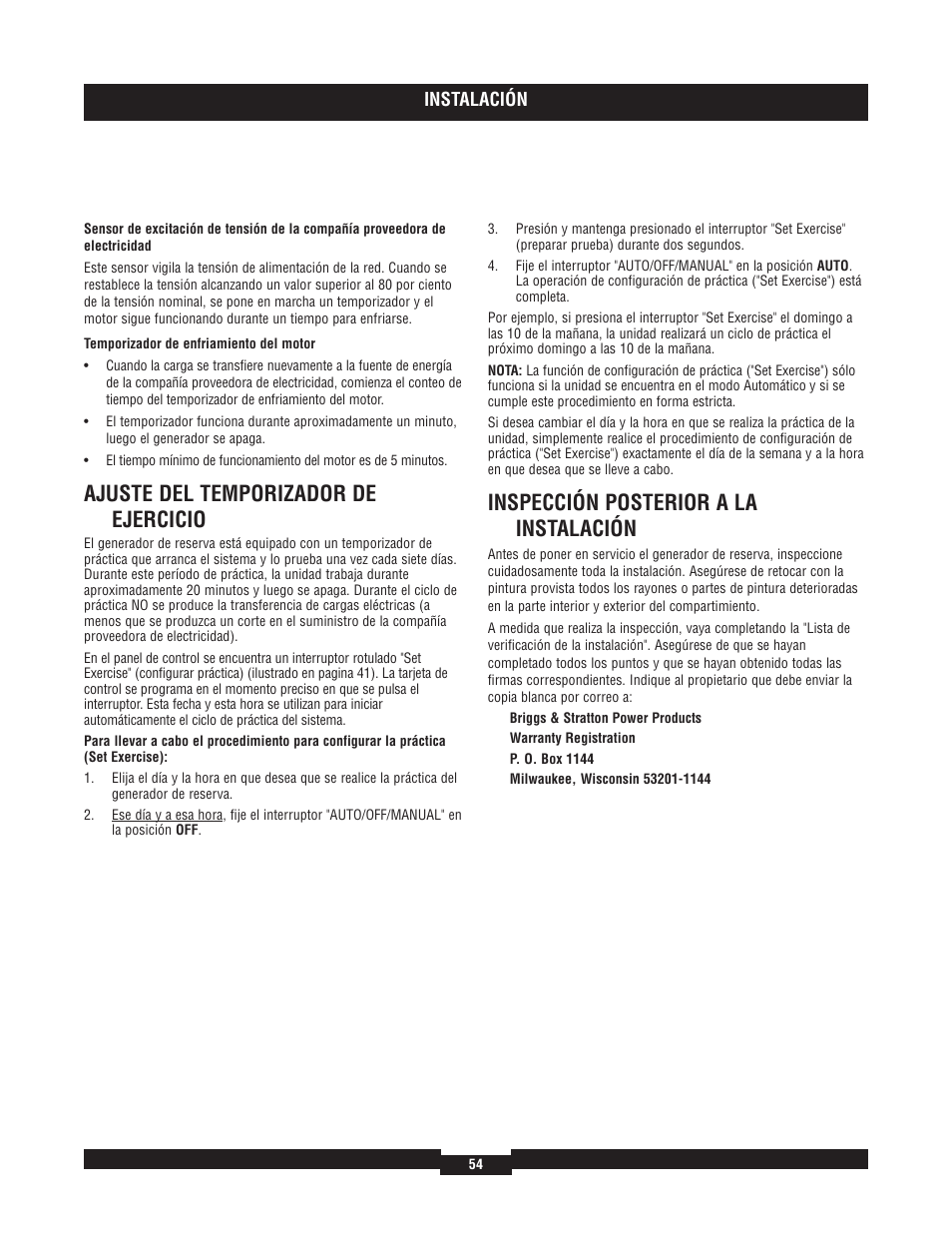 Ajuste del temporizador de ejercicio, Inspección posterior a la instalación | Briggs & Stratton 40220 User Manual | Page 54 / 88