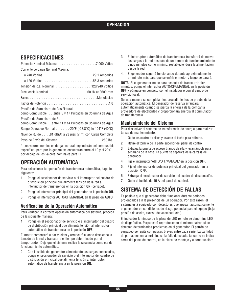 Especificaciones, Operación automática, Sistema de detección de fallas | Briggs & Stratton 40220 User Manual | Page 55 / 88