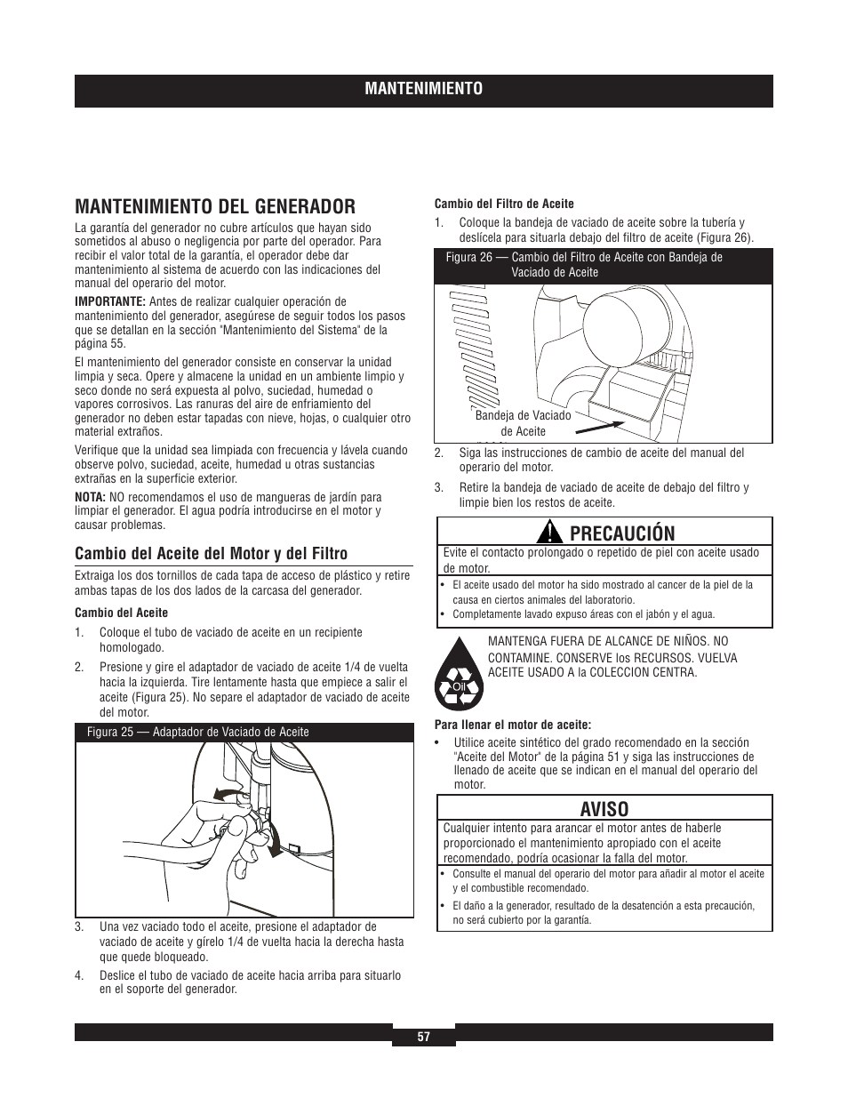 Mantenimiento del generador, Precaución, Aviso | Mantenimiento, Cambio del aceite del motor y del filtro | Briggs & Stratton 40220 User Manual | Page 57 / 88