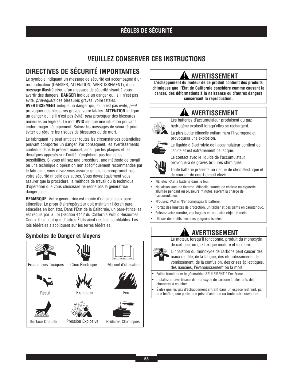 Directives de sécurité importantes, Veuillez conserver ces instructions, Avertissement | Règles de sécurité, Symboles de danger et moyens | Briggs & Stratton 40220 User Manual | Page 63 / 88