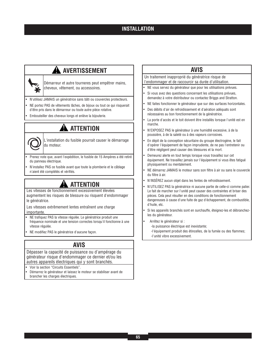Avertissement, Attention, Avis | Installation | Briggs & Stratton 40220 User Manual | Page 65 / 88