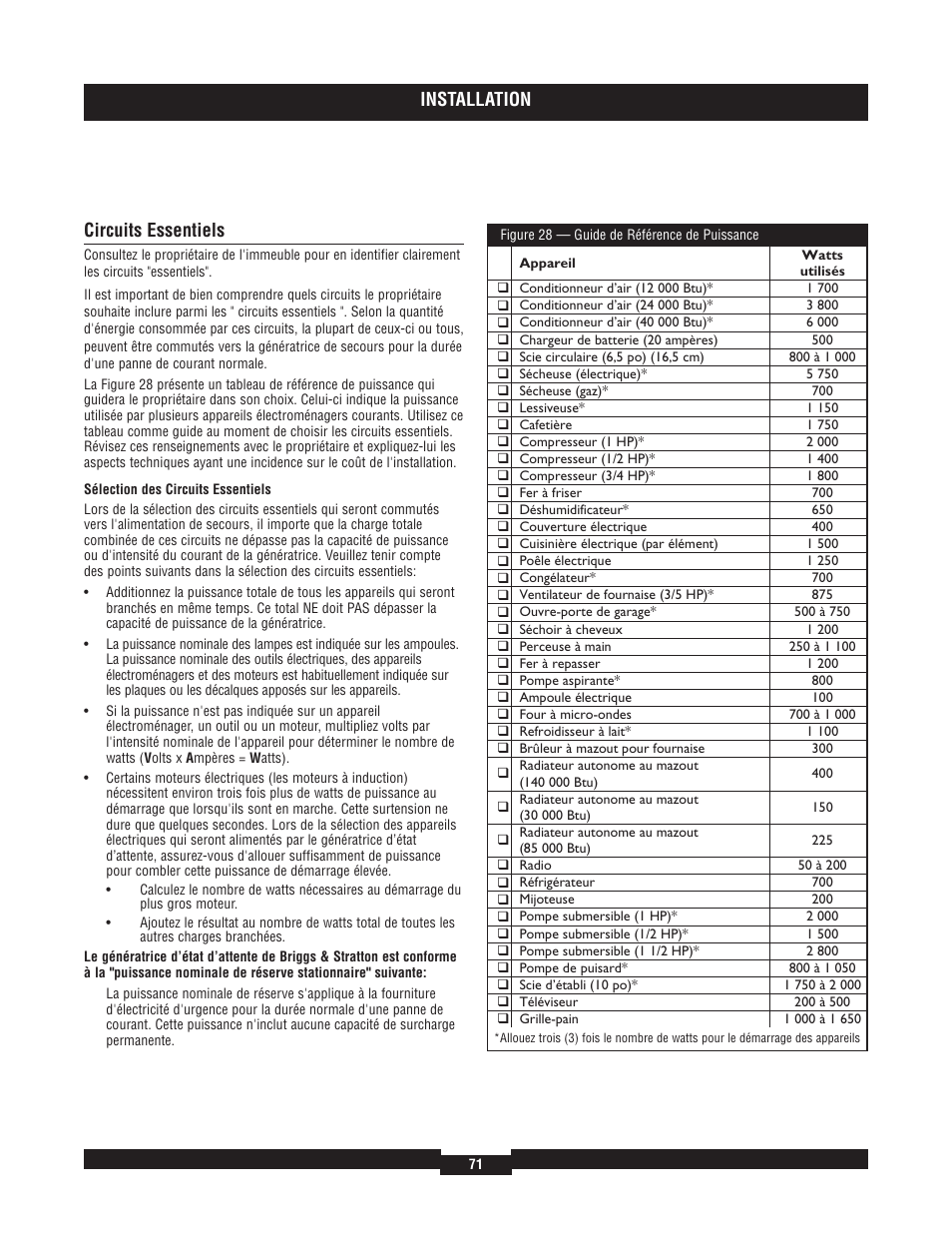 Installation, Circuits essentiels | Briggs & Stratton 40220 User Manual | Page 71 / 88