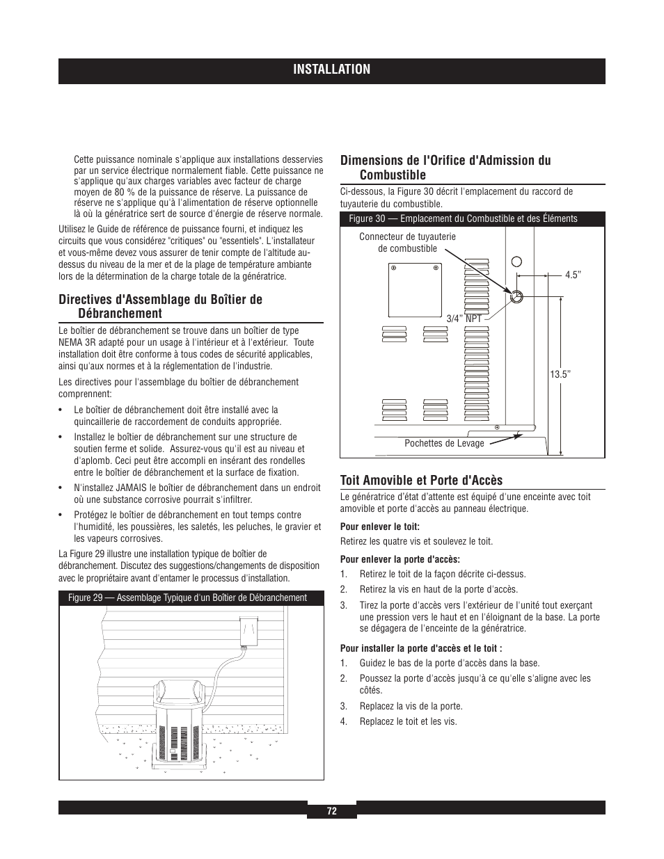 Installation, Dimensions de l'orifice d'admission du combustible, Toit amovible et porte d'accès | Briggs & Stratton 40220 User Manual | Page 72 / 88