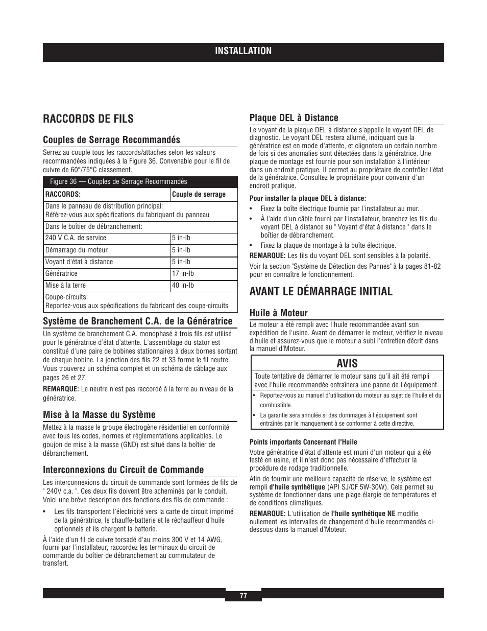 Raccords de fils, Avant le démarrage initial, Avis | Briggs & Stratton 40220 User Manual | Page 77 / 88