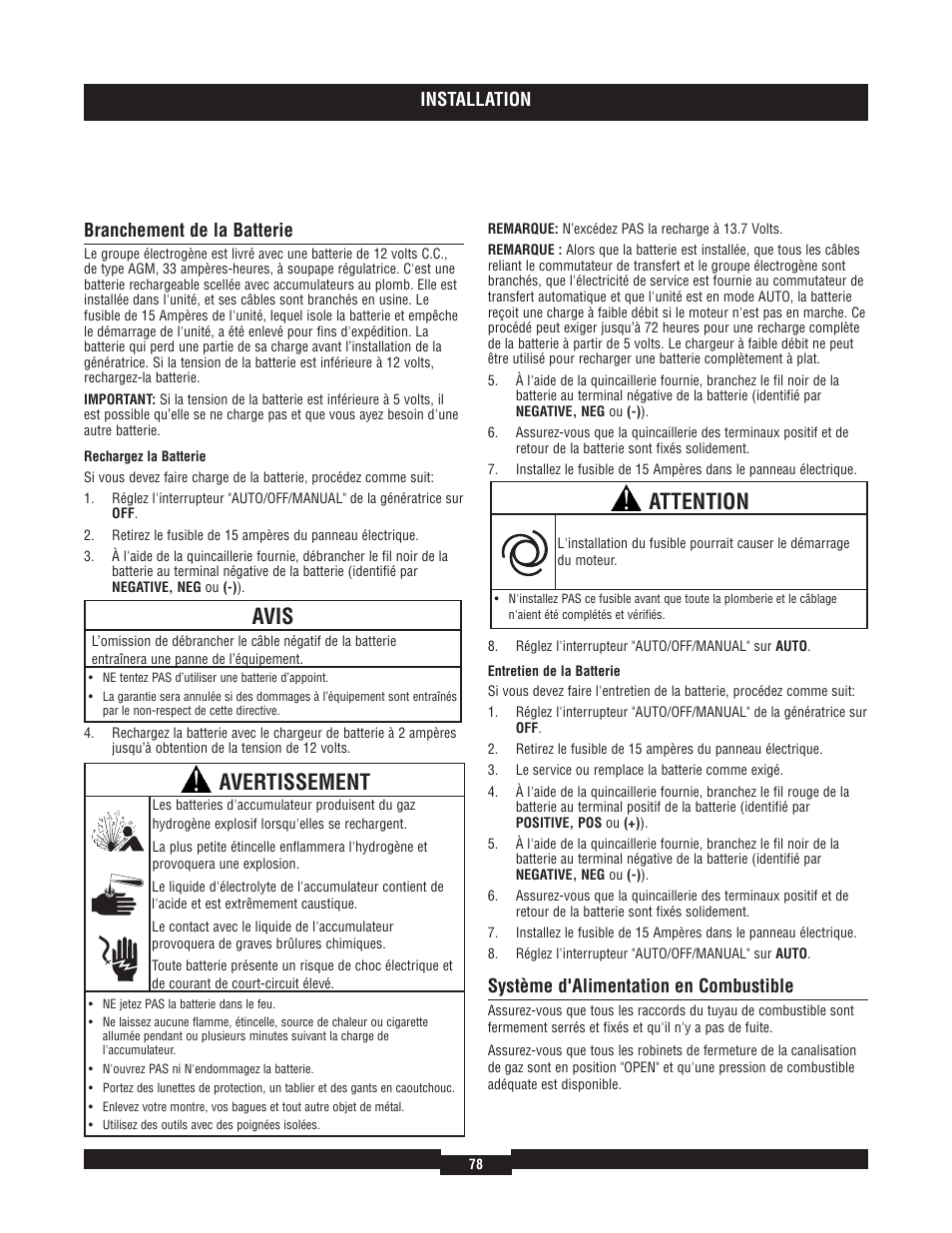 Avis, Avertissement, Attention | Installation, Branchement de la batterie, Système d'alimentation en combustible | Briggs & Stratton 40220 User Manual | Page 78 / 88