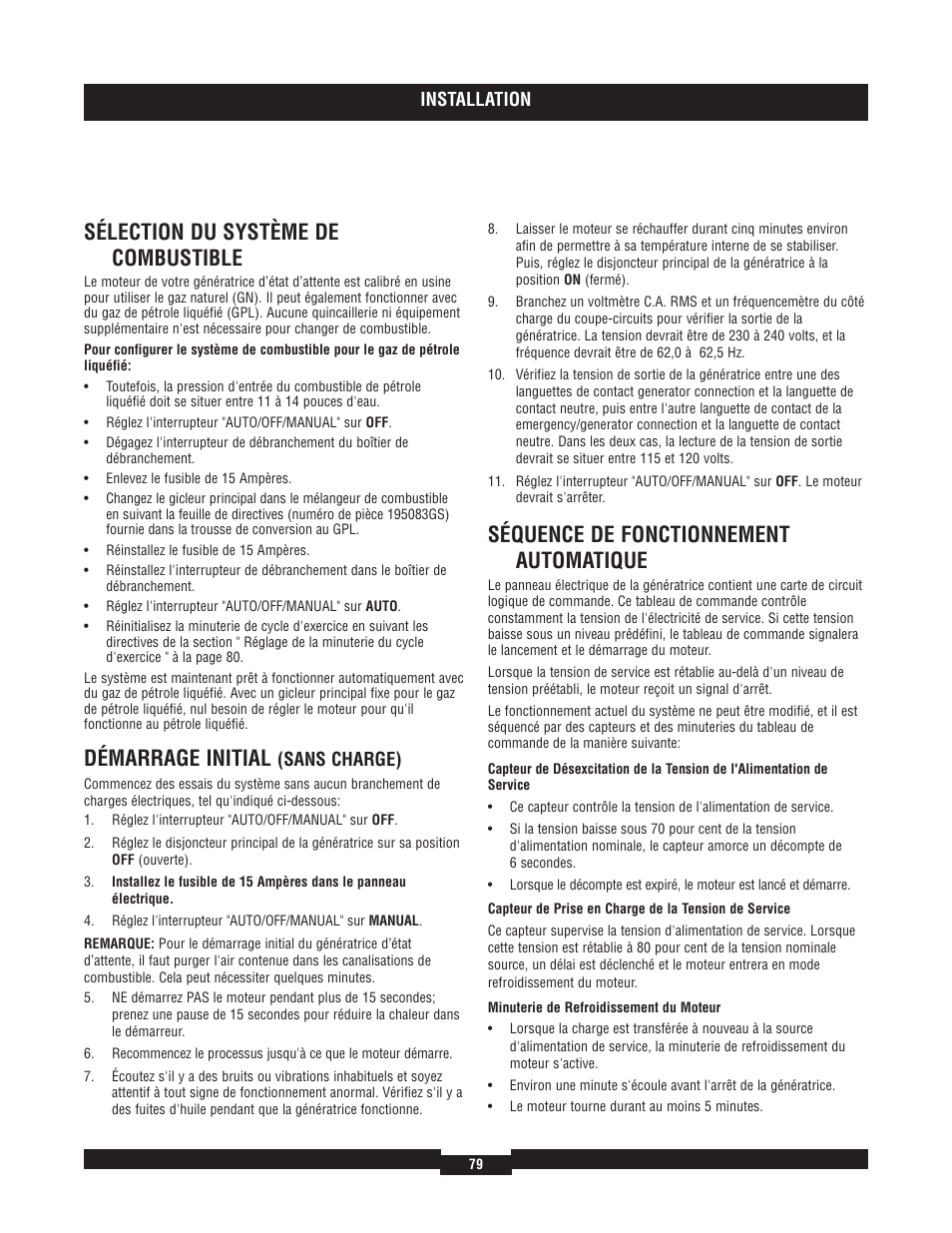 Sélection du système de combustible, Démarrage initial, Séquence de fonctionnement automatique | Briggs & Stratton 40220 User Manual | Page 79 / 88