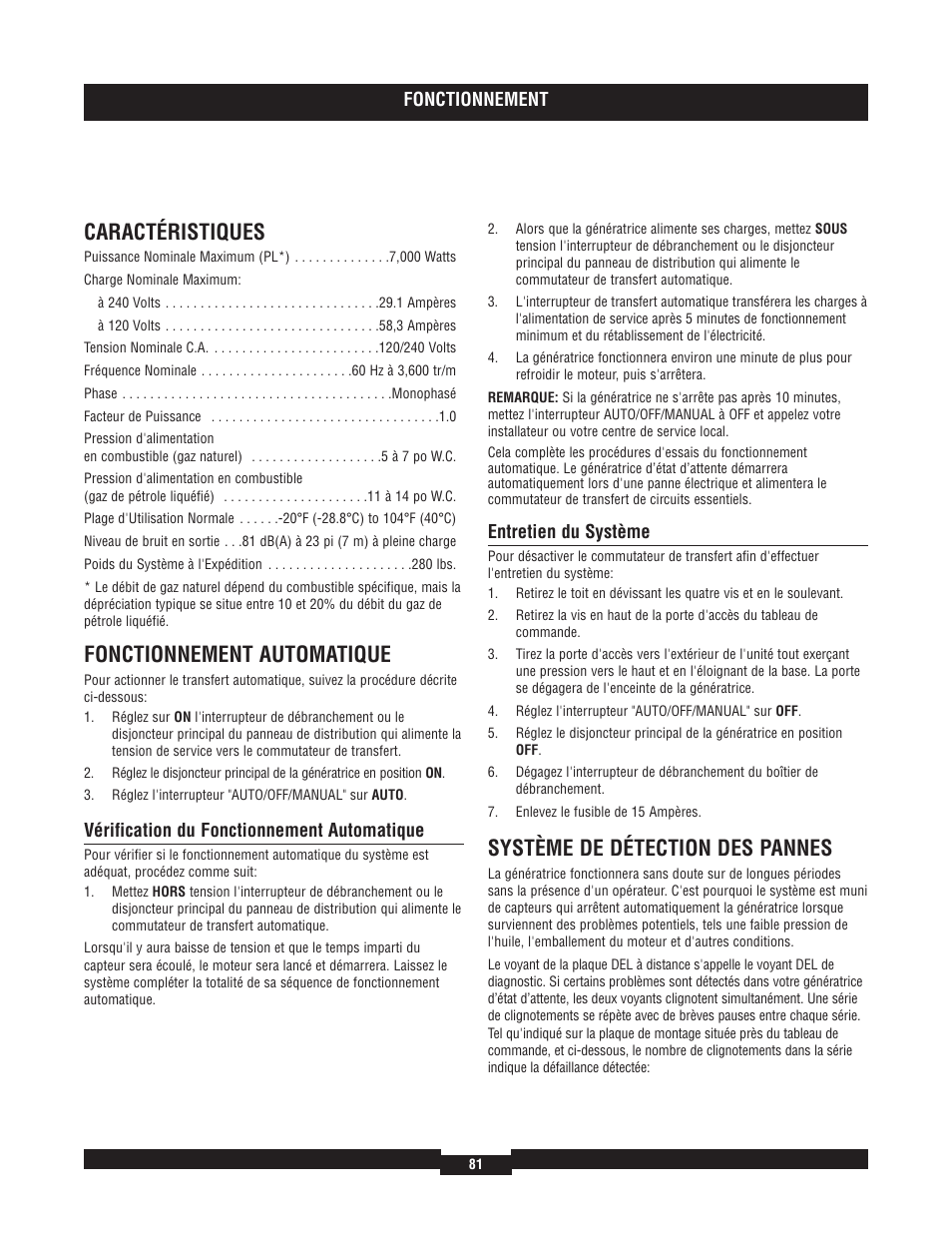 Caractéristiques, Fonctionnement automatique, Système de détection des pannes | Briggs & Stratton 40220 User Manual | Page 81 / 88