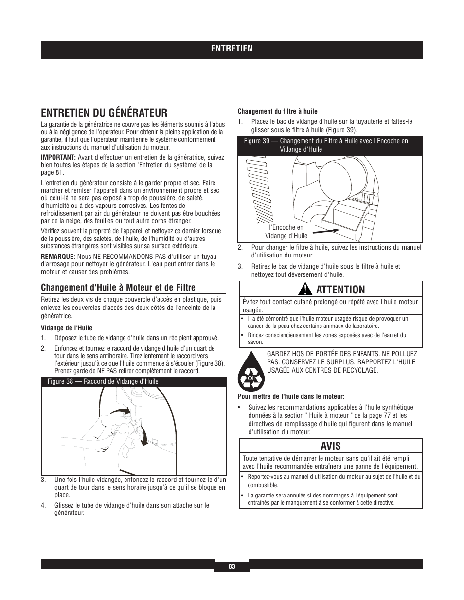 Entretien du générateur, Attention, Avis | Entretien, Changement d'huile à moteur et de filtre | Briggs & Stratton 40220 User Manual | Page 83 / 88