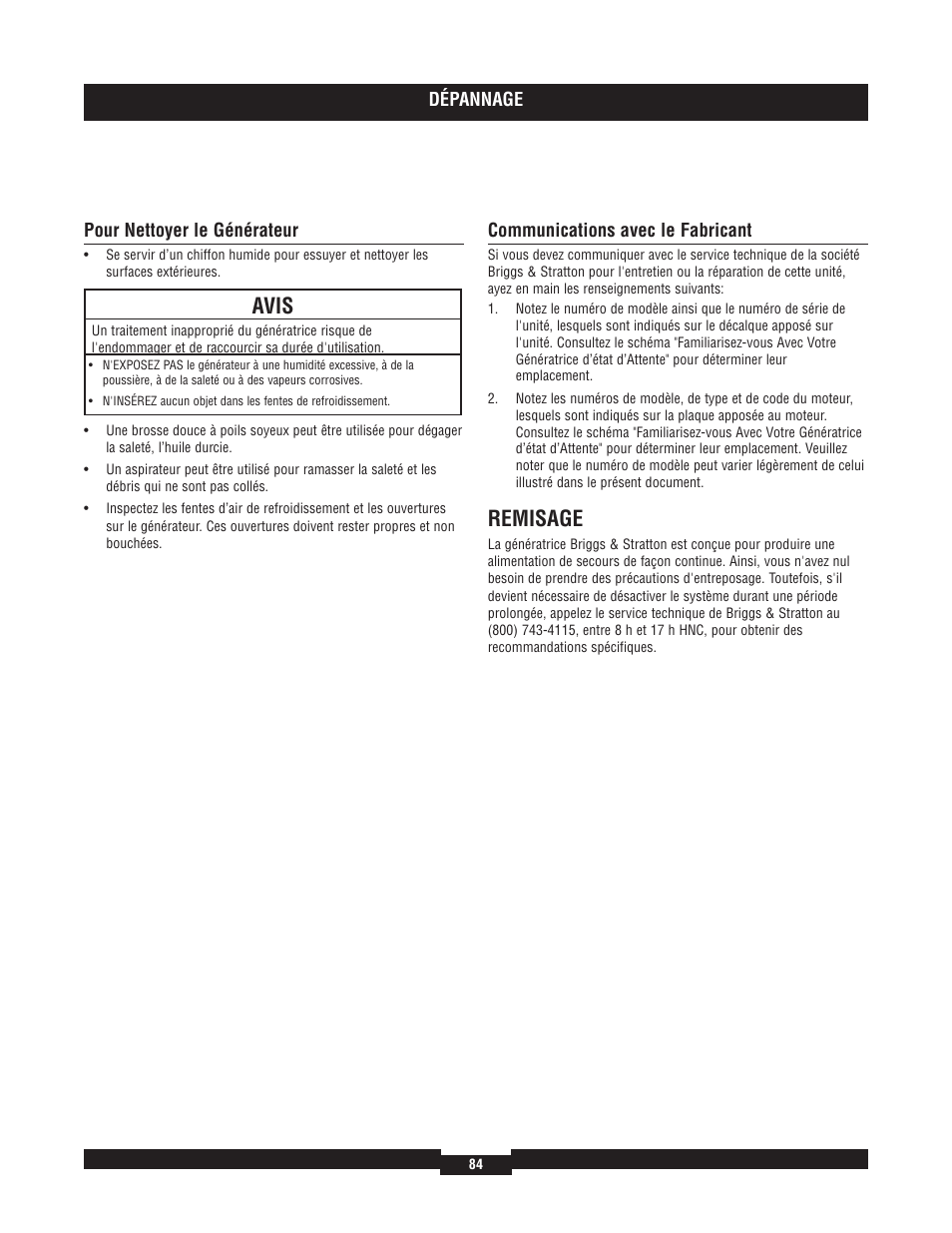 Remisage, Avis | Briggs & Stratton 40220 User Manual | Page 84 / 88