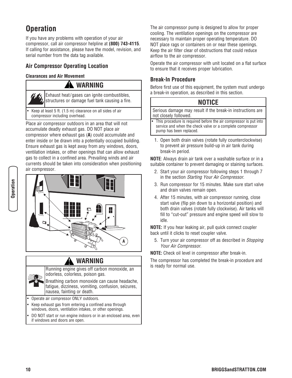 Opération, Pour un fonctionnement sécur, Procédure de rodage | Operation, Notice, Warning | Briggs & Stratton 203721GS User Manual | Page 10 / 84