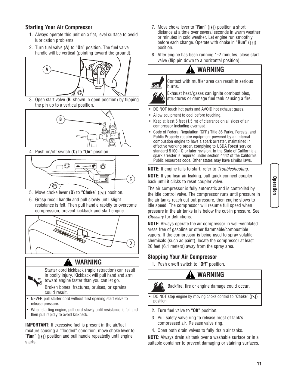 Démarrage de votre compresse, Warning | Briggs & Stratton 203721GS User Manual | Page 11 / 84