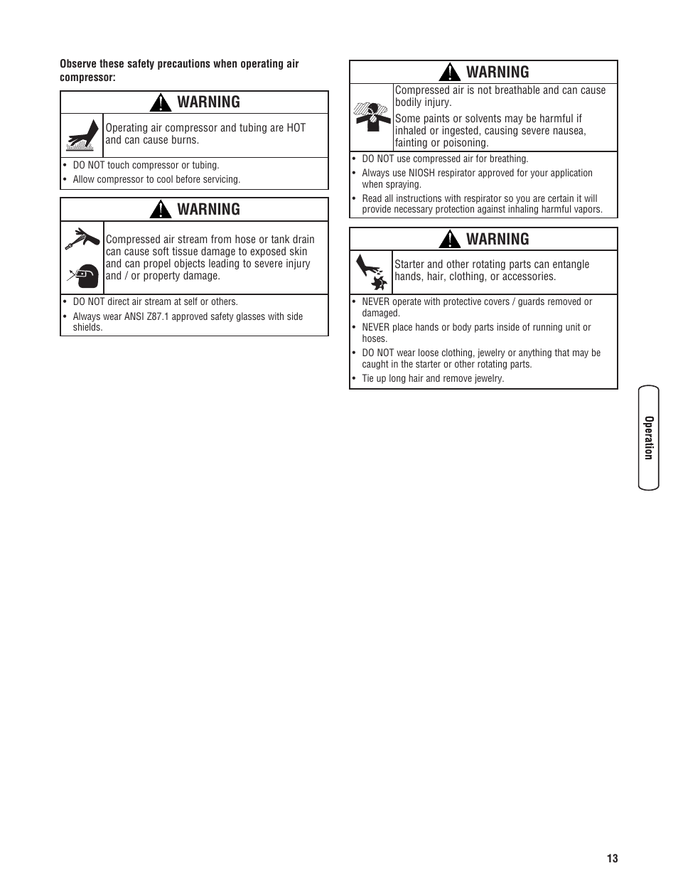 Warning | Briggs & Stratton 203721GS User Manual | Page 13 / 84
