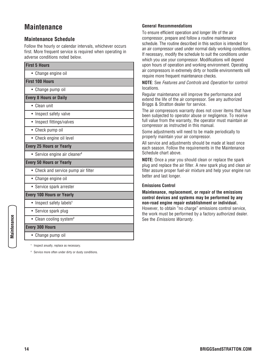 Entretien, Calendrier d’entretien, Maintenance | Maintenance schedule | Briggs & Stratton 203721GS User Manual | Page 14 / 84