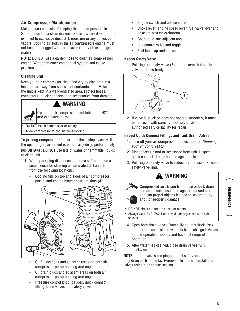 Entretien du compresseur d’air, Air compressor maintenance, Warning | Briggs & Stratton 203721GS User Manual | Page 15 / 84