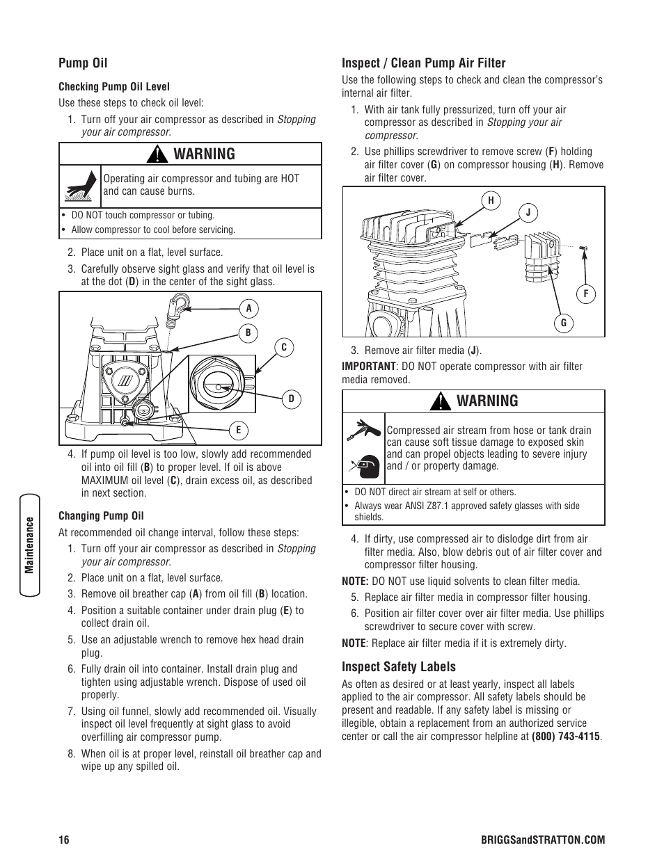 Huile de la pompe, Vérifiez/nettoyez le filtre, Vérifiez les étiquettes de s | Warning | Briggs & Stratton 203721GS User Manual | Page 16 / 84