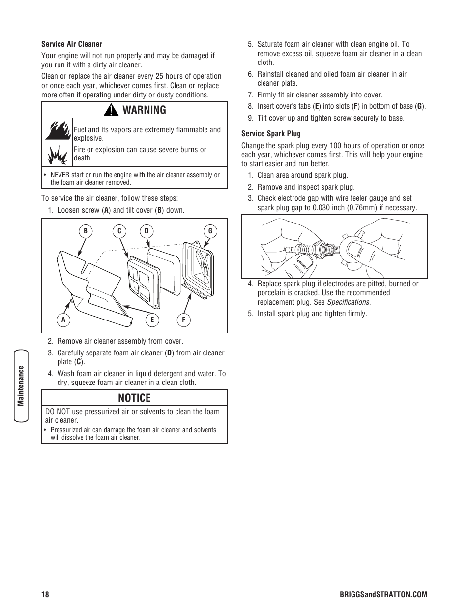 Notice, Warning | Briggs & Stratton 203721GS User Manual | Page 18 / 84