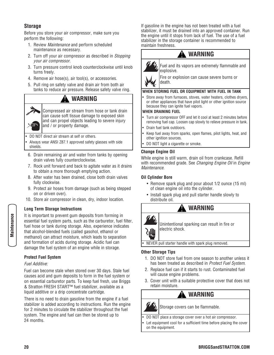 Storage, Warning | Briggs & Stratton 203721GS User Manual | Page 20 / 84