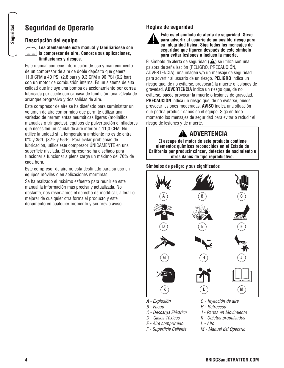 Seguridad de operario, Advertencia | Briggs & Stratton 203721GS User Manual | Page 32 / 84