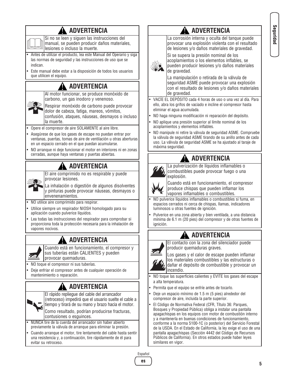 Advertencia | Briggs & Stratton 203721GS User Manual | Page 33 / 84