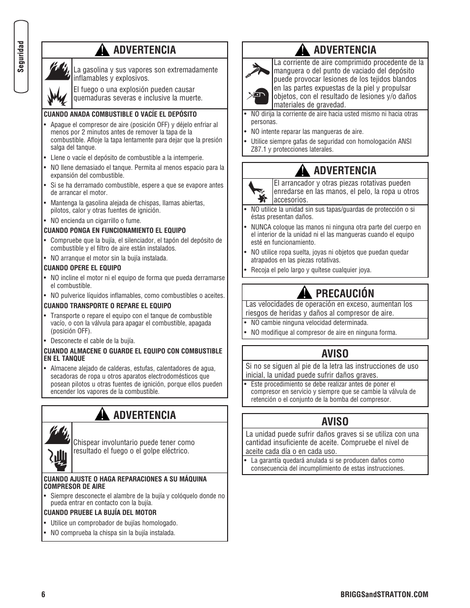 Advertencia, Aviso, Precaución | Briggs & Stratton 203721GS User Manual | Page 34 / 84