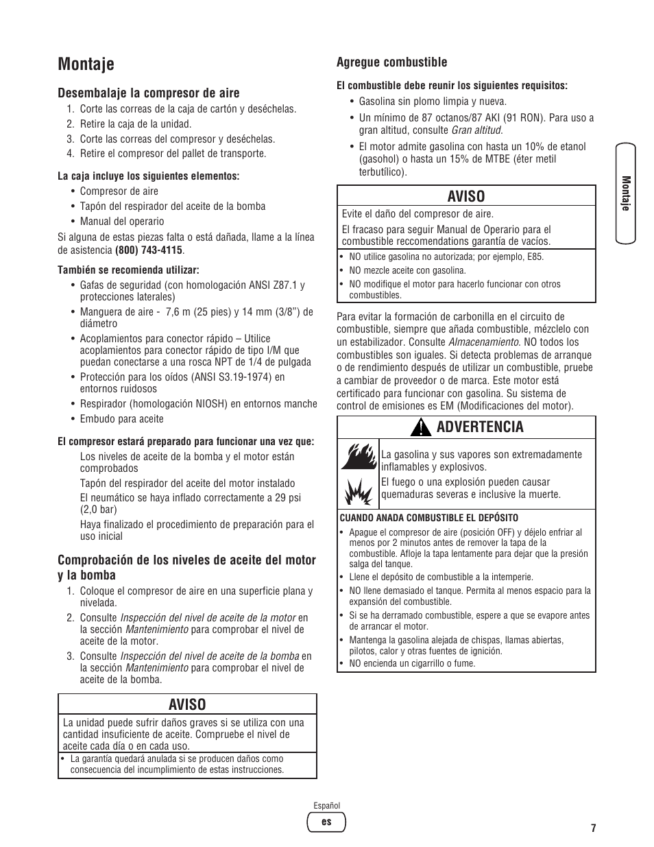 Montaje, Aviso, Advertencia | Briggs & Stratton 203721GS User Manual | Page 35 / 84