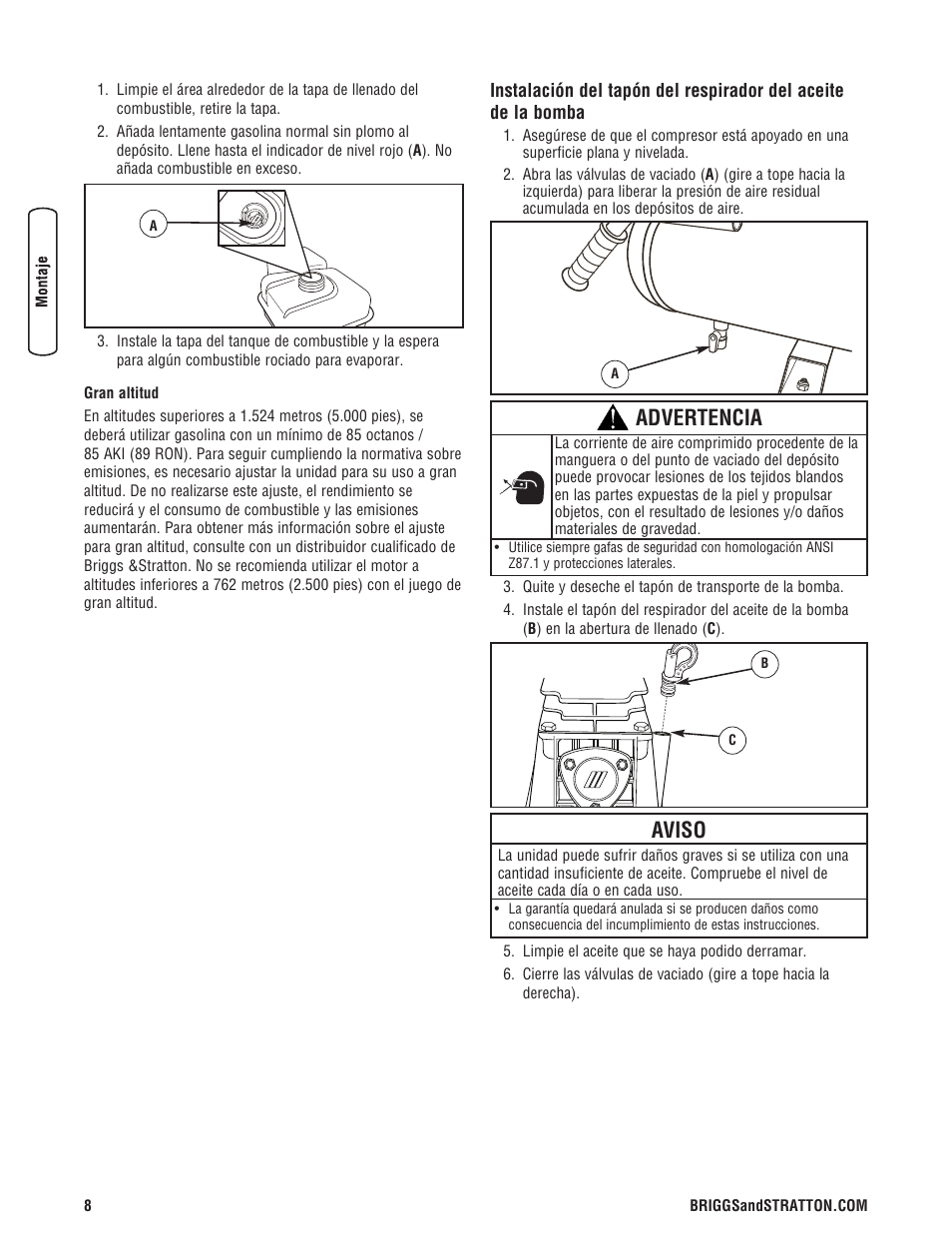 Advertencia, Aviso | Briggs & Stratton 203721GS User Manual | Page 36 / 84