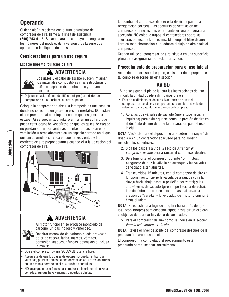 Operando, Advertencia, Aviso | Briggs & Stratton 203721GS User Manual | Page 38 / 84