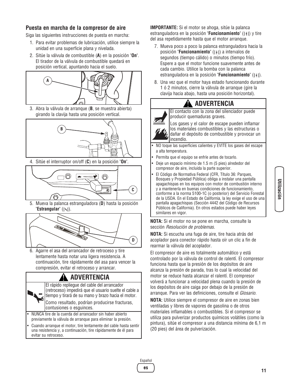 Advertencia | Briggs & Stratton 203721GS User Manual | Page 39 / 84