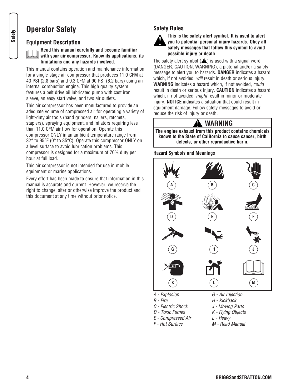 Sécurité de l’opérateur, Description de l équipement, Règles de sécurité | Operator safety, Equipment description safety rules, Warning | Briggs & Stratton 203721GS User Manual | Page 4 / 84