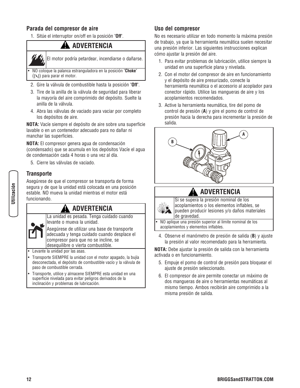 Advertencia | Briggs & Stratton 203721GS User Manual | Page 40 / 84