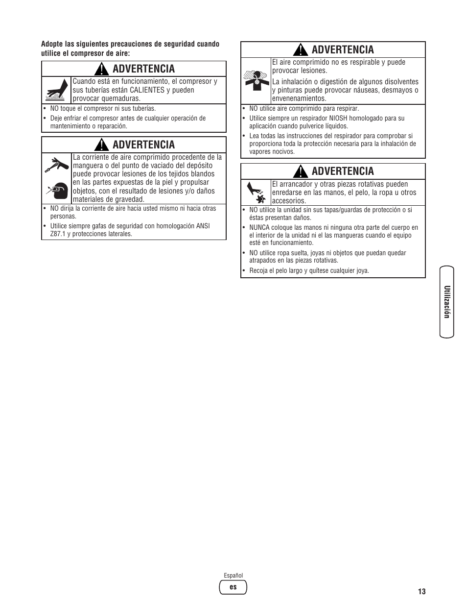 Advertencia | Briggs & Stratton 203721GS User Manual | Page 41 / 84