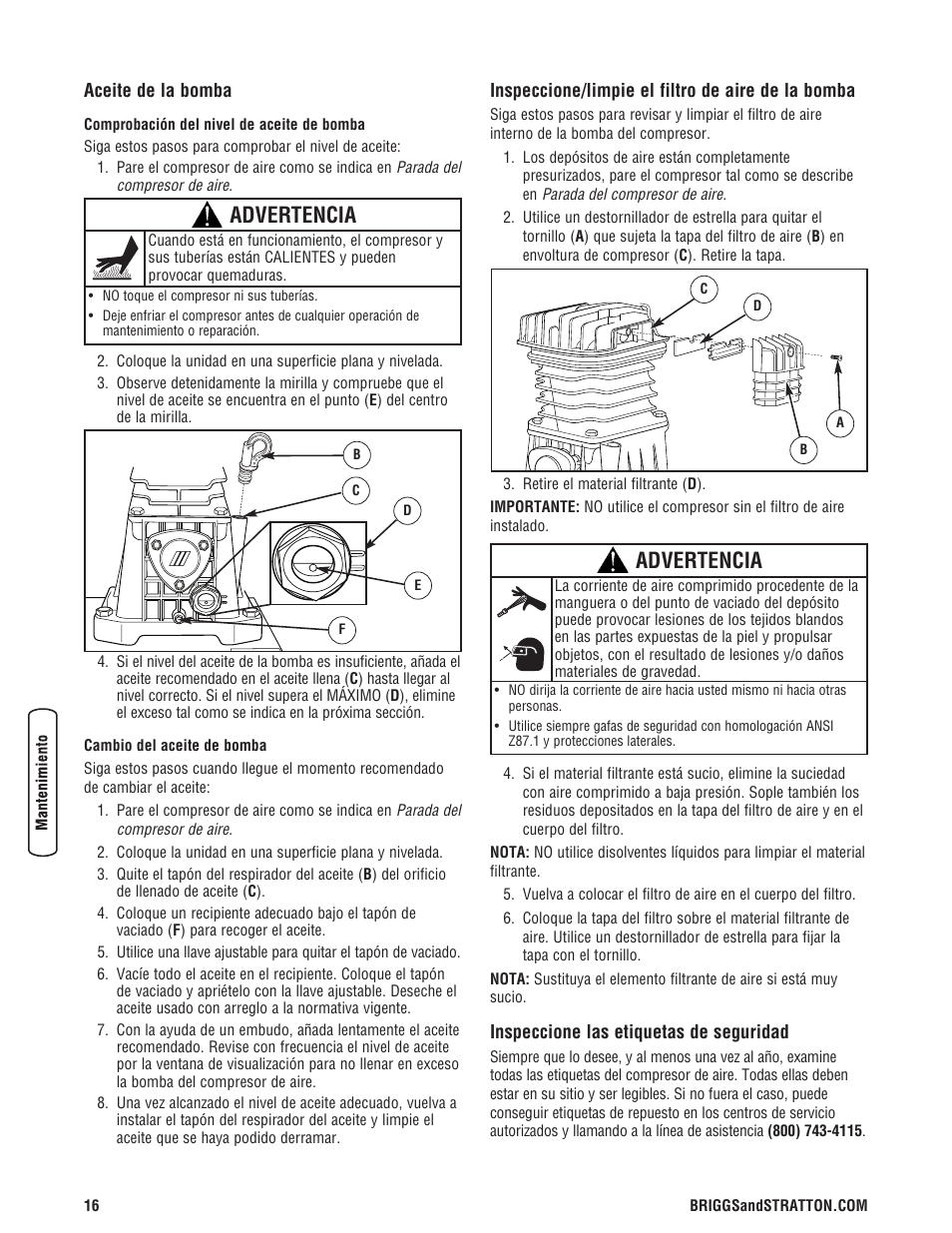 Advertencia | Briggs & Stratton 203721GS User Manual | Page 44 / 84