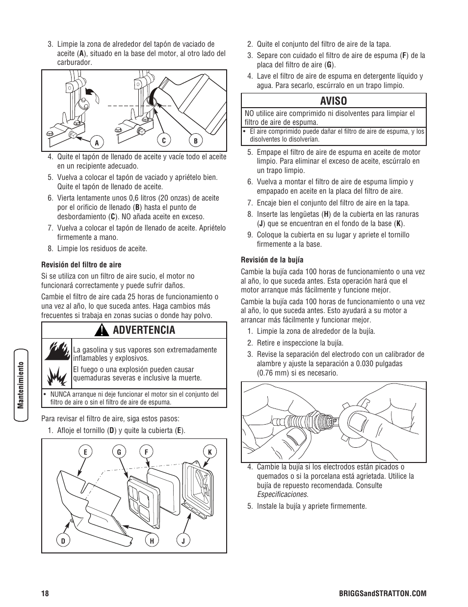 Aviso, Advertencia | Briggs & Stratton 203721GS User Manual | Page 46 / 84