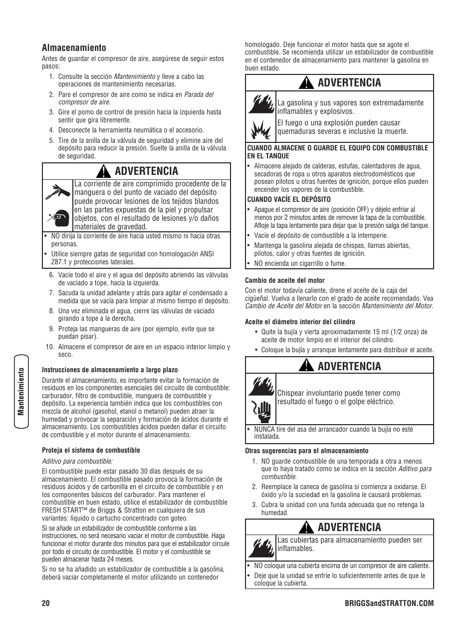 Advertencia | Briggs & Stratton 203721GS User Manual | Page 48 / 84
