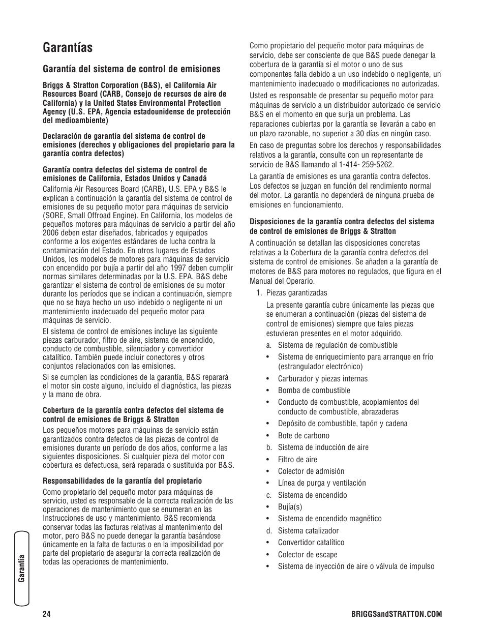 Garantías | Briggs & Stratton 203721GS User Manual | Page 52 / 84