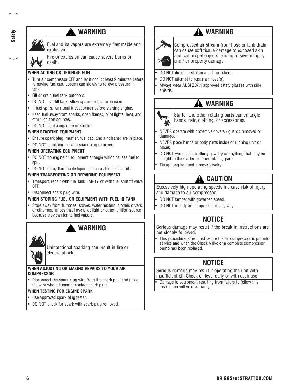 Notice, Warning, Caution | Briggs & Stratton 203721GS User Manual | Page 6 / 84