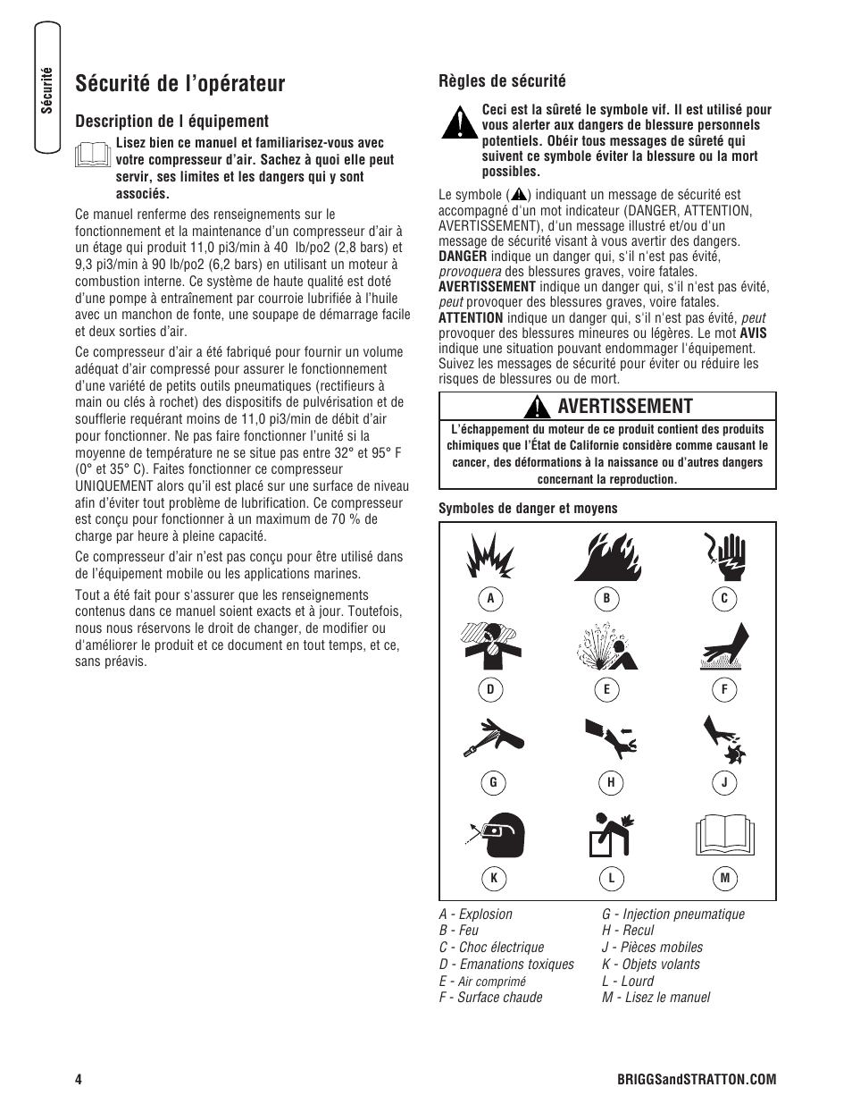 Sécurité de l’opérateur, Avertissement | Briggs & Stratton 203721GS User Manual | Page 60 / 84
