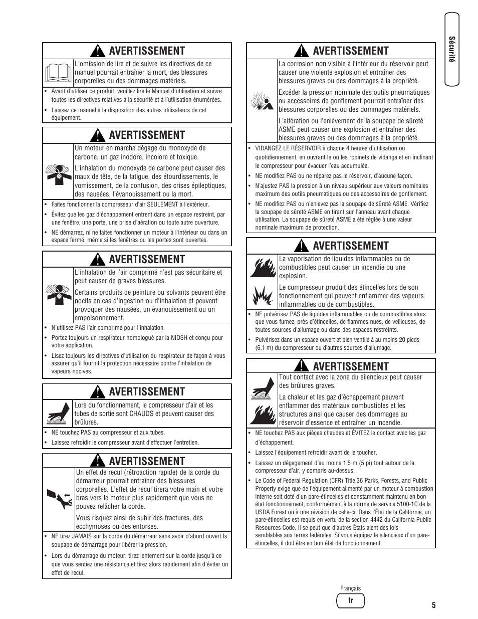 Avertissement | Briggs & Stratton 203721GS User Manual | Page 61 / 84