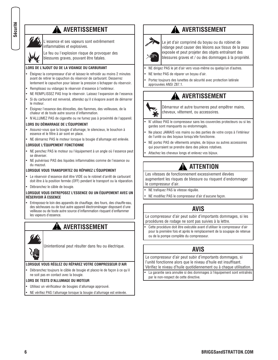 Avertissement, Attention, Avis | Briggs & Stratton 203721GS User Manual | Page 62 / 84