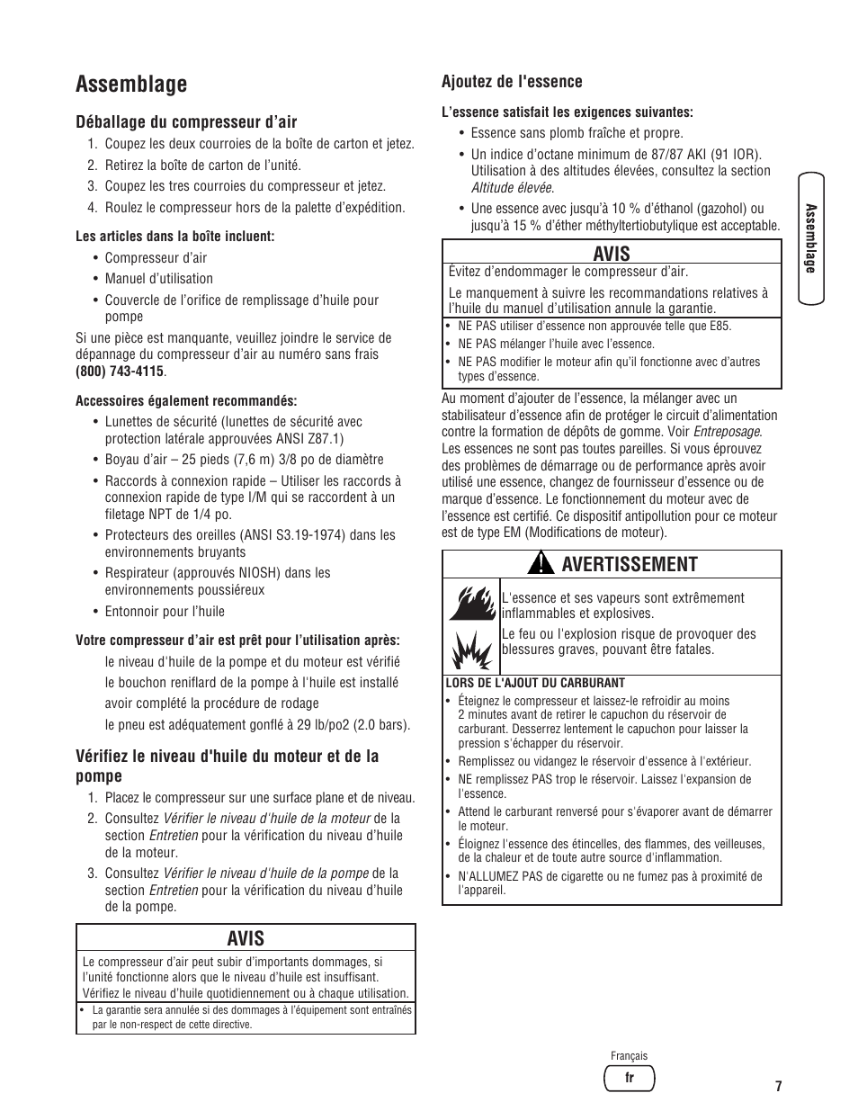 Assemblage, Avis, Avertissement | Briggs & Stratton 203721GS User Manual | Page 63 / 84