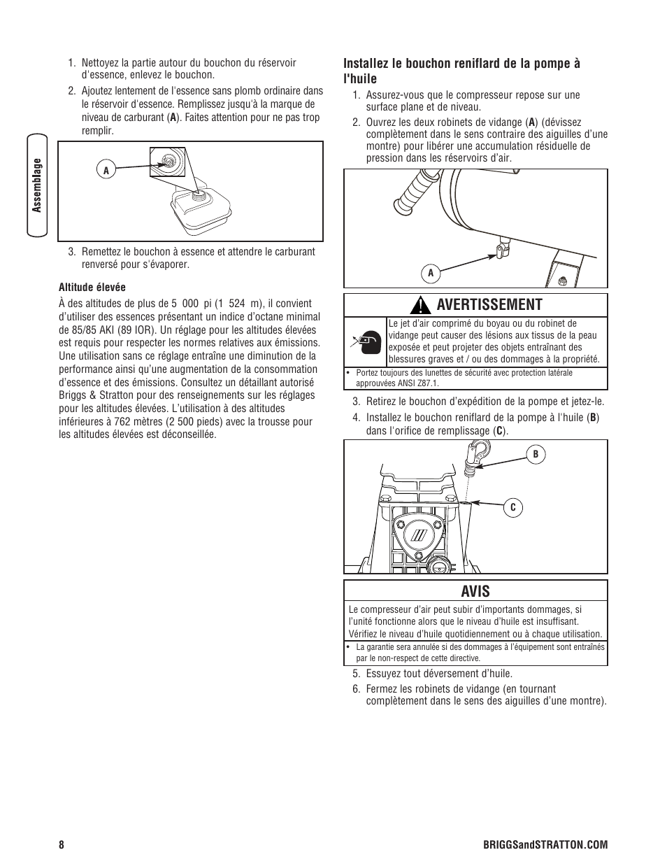 Avertissement, Avis | Briggs & Stratton 203721GS User Manual | Page 64 / 84