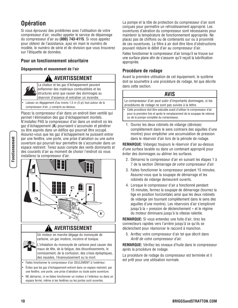 Opération, Avertissement, Avis | Briggs & Stratton 203721GS User Manual | Page 66 / 84
