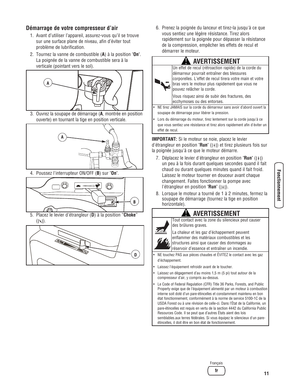Avertissement, Démarrage de votre compresseur d’air | Briggs & Stratton 203721GS User Manual | Page 67 / 84