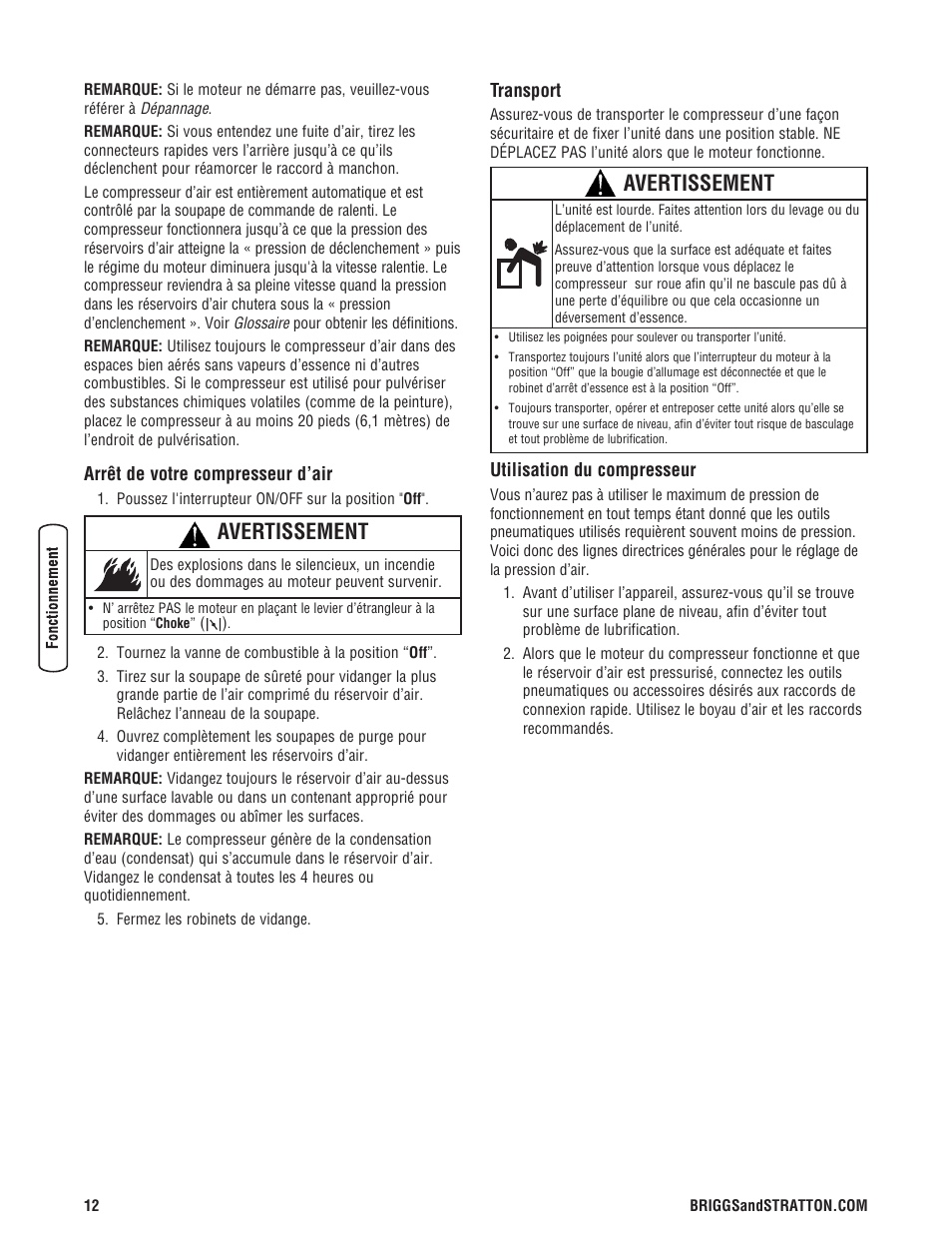 Avertissement | Briggs & Stratton 203721GS User Manual | Page 68 / 84