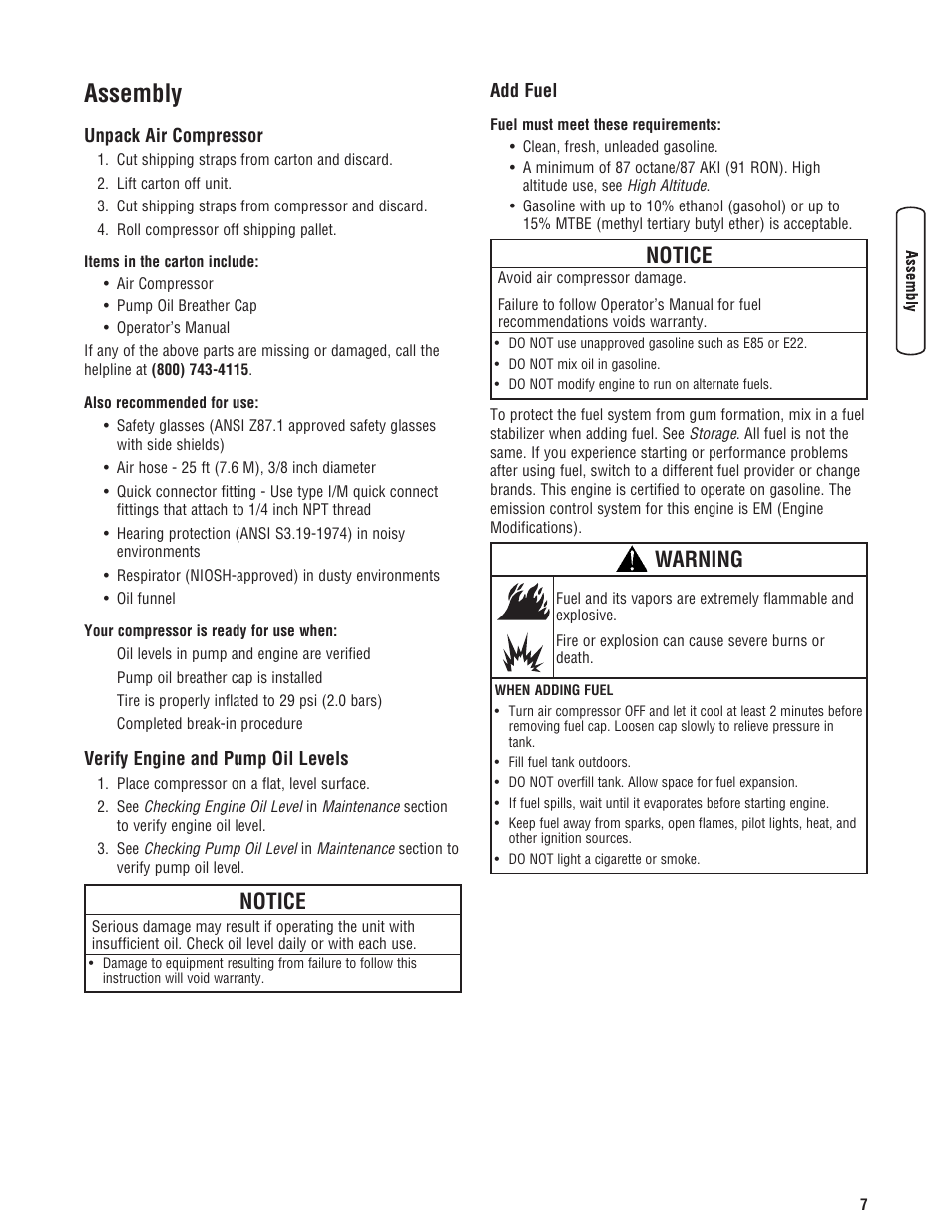 Assemblage, Déballage du compresseur d’air, Vérifiez le niveau d'huile d | Ajoutez de l'essence, Assembly, Notice, Warning | Briggs & Stratton 203721GS User Manual | Page 7 / 84