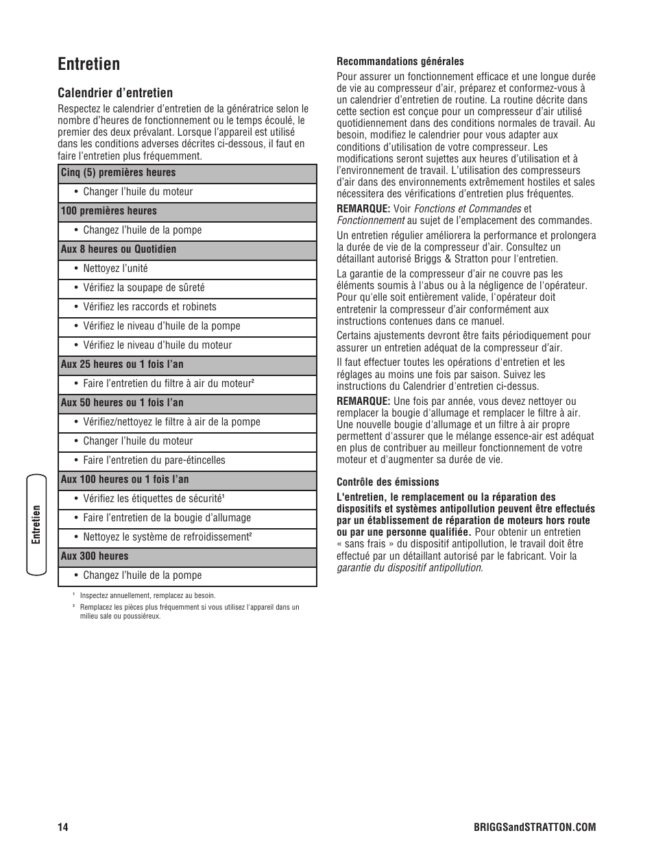 Entretien, Calendrier d’entretien | Briggs & Stratton 203721GS User Manual | Page 70 / 84