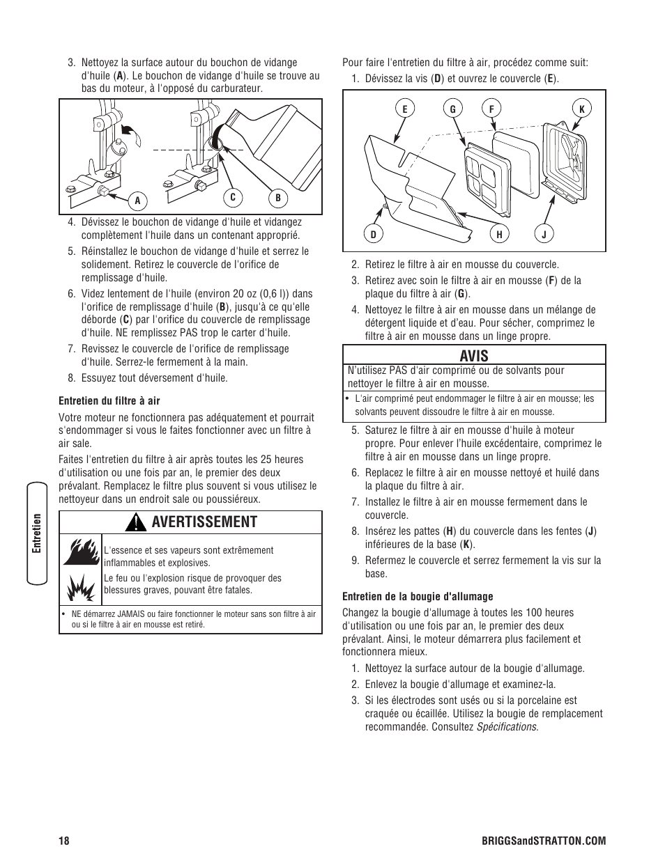 Avertissement, Avis | Briggs & Stratton 203721GS User Manual | Page 74 / 84