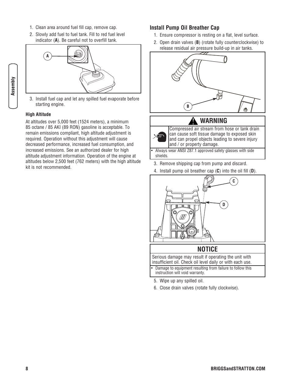 Installez le bouchon renifla, Install pump oil breather cap, Warning | Notice | Briggs & Stratton 203721GS User Manual | Page 8 / 84