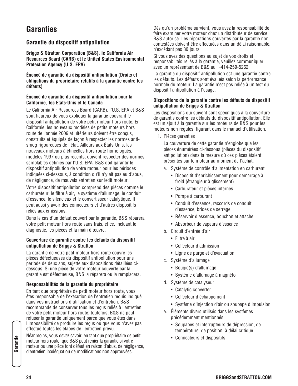 Garanties | Briggs & Stratton 203721GS User Manual | Page 80 / 84