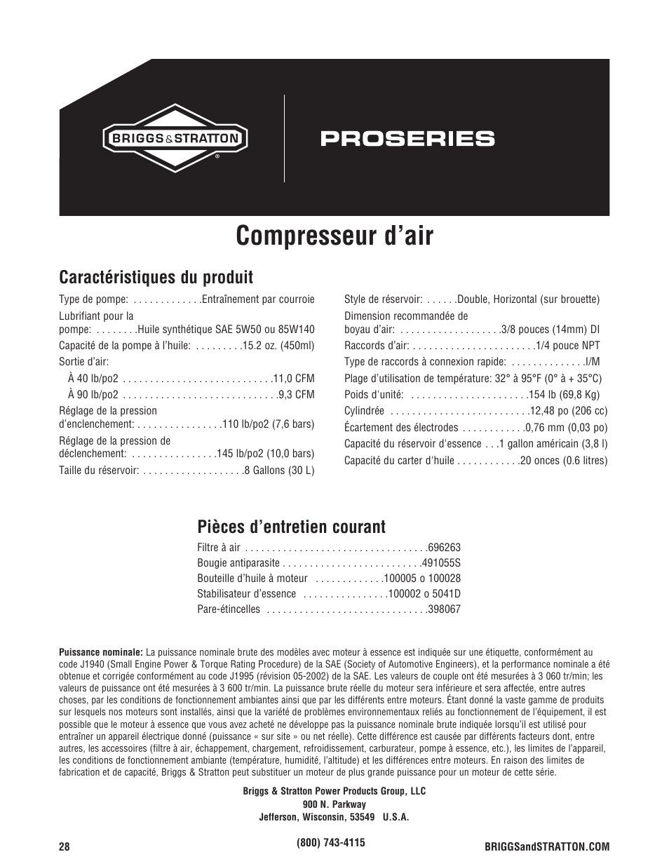 Compresseur d’air, Pièces d’entretien courant, Caractéristiques du produit | Briggs & Stratton 203721GS User Manual | Page 84 / 84
